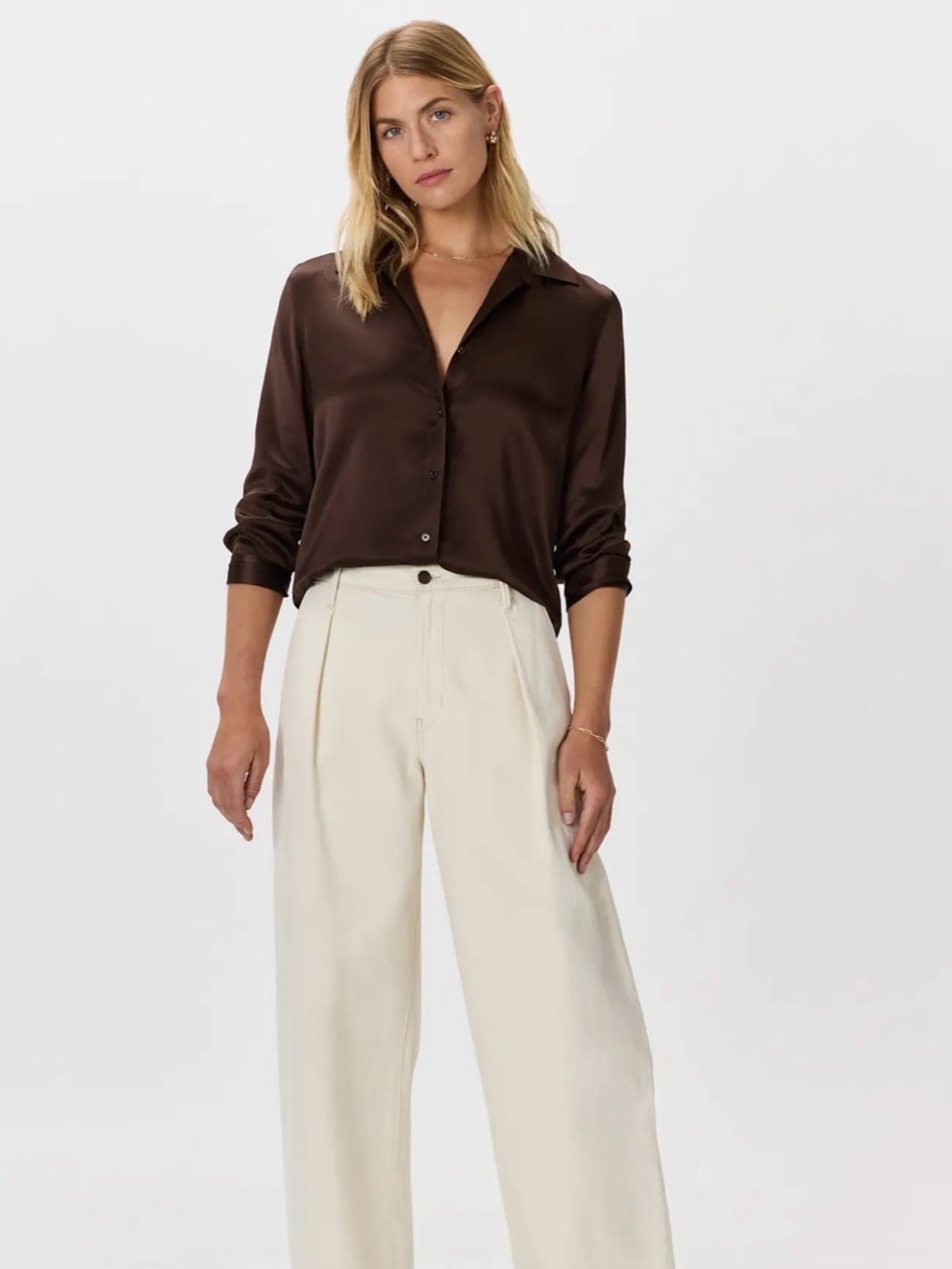 Quince 100% Washable Silk Three-Quarter Sleeve Shirt Hot Fudge Brown Size Small - Picture 2 of 10